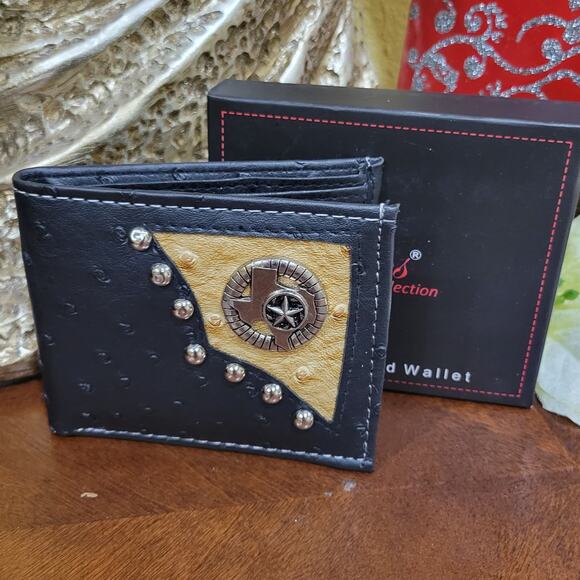 Texas concho mens Wallet Western Short Bifold Ostrich pattern black faux leather - Picture 13 of 13